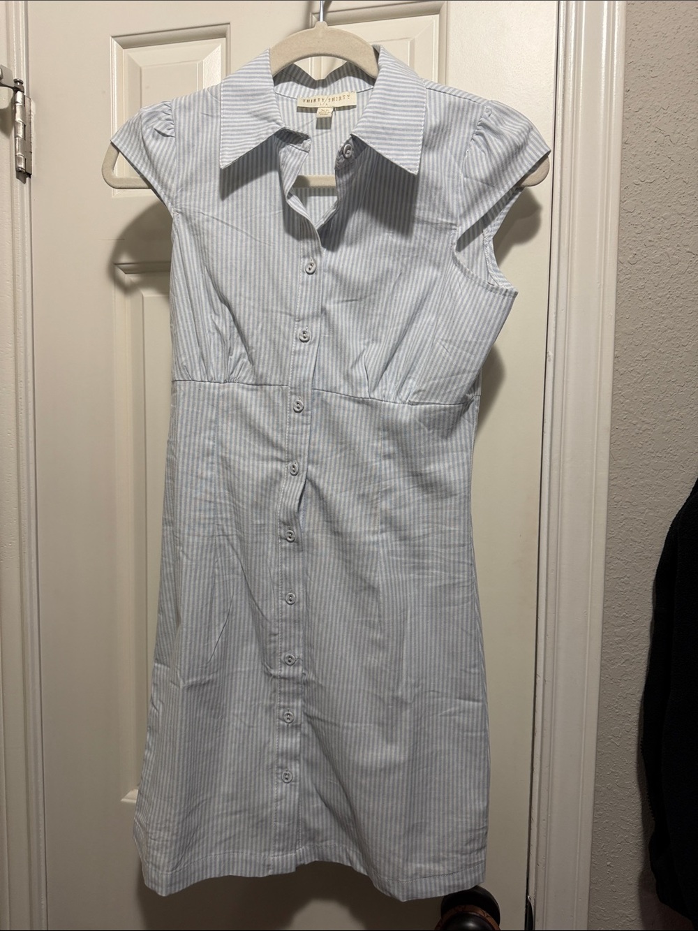 Cap-Sleeve Striped Shirt Dress in Light Blue — Classic Casual